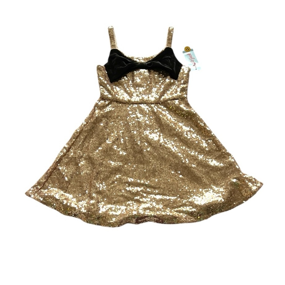 Cat & Jack Gold Sequin Girls Special Occasion Dress with big black velvet bow 8